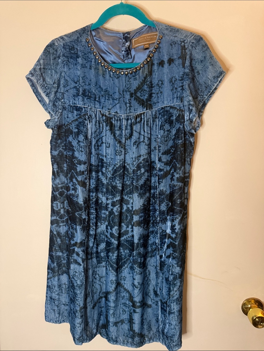 Double D Ranch Blue Print Velvet Short Sleeve Dress
